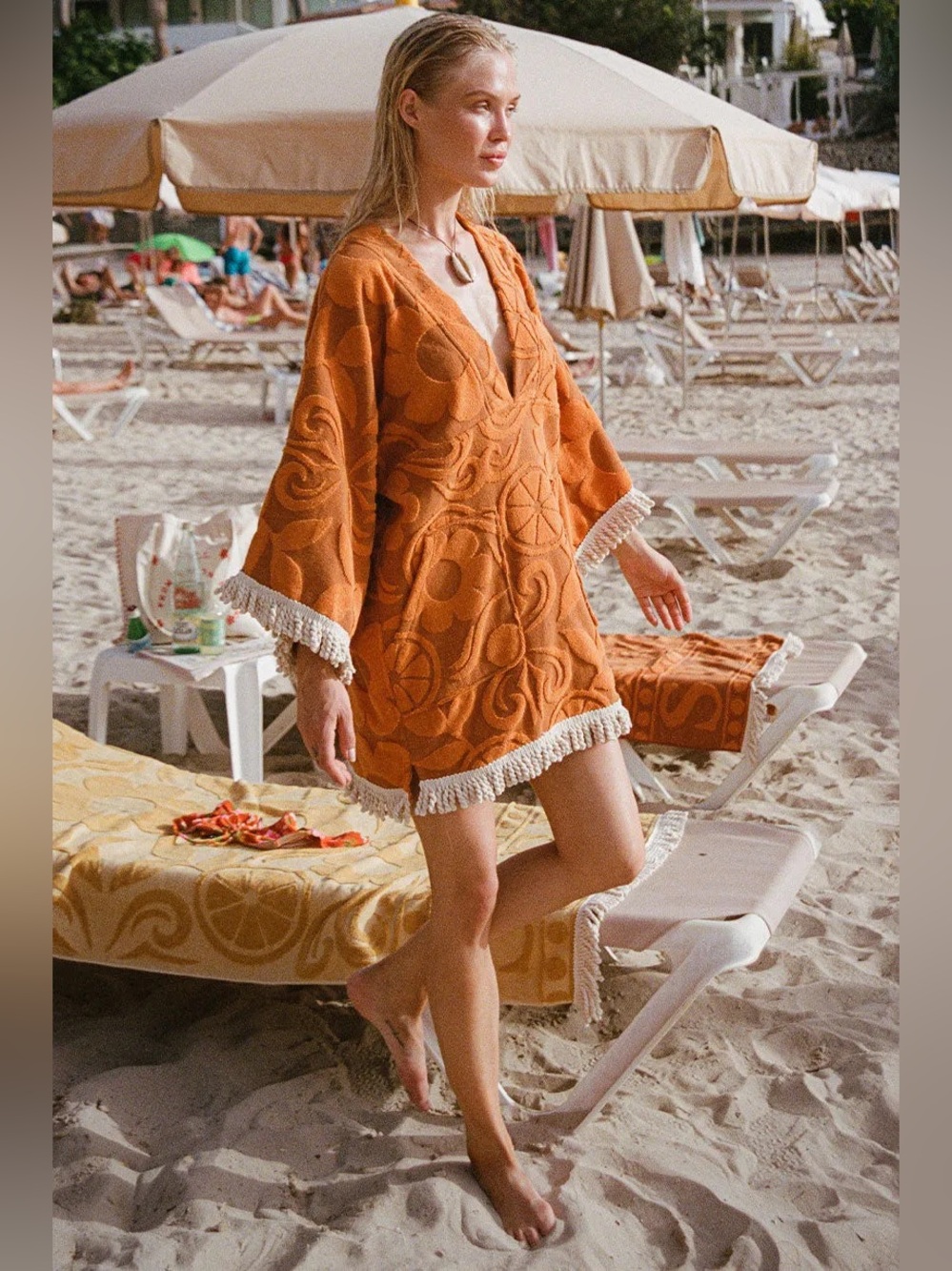 SPELL Pomelia Terry Throw Over Dress Fringe Floral Orange Small Coverup